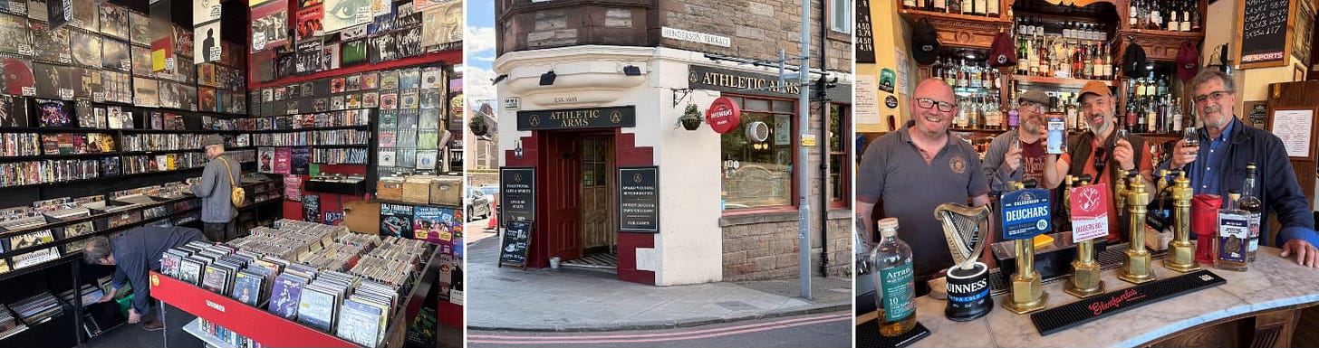 Three photos, inside the record store, the outside of the athletic arm and inside the pub Three photos, inside the record store, the outside of the athletic arm and inside the pub