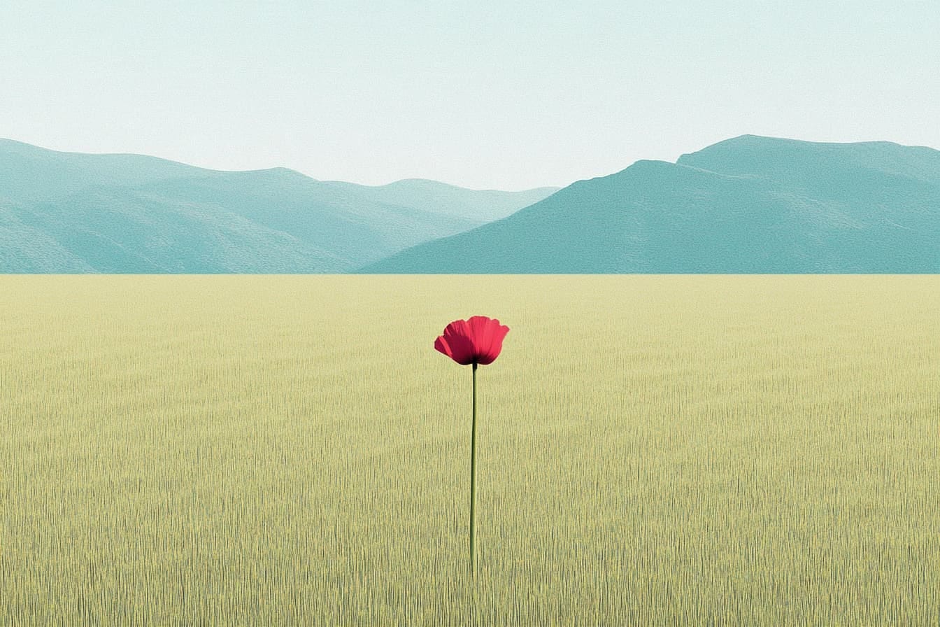 a lonely tulip in the middle of a large field with mountains in the background