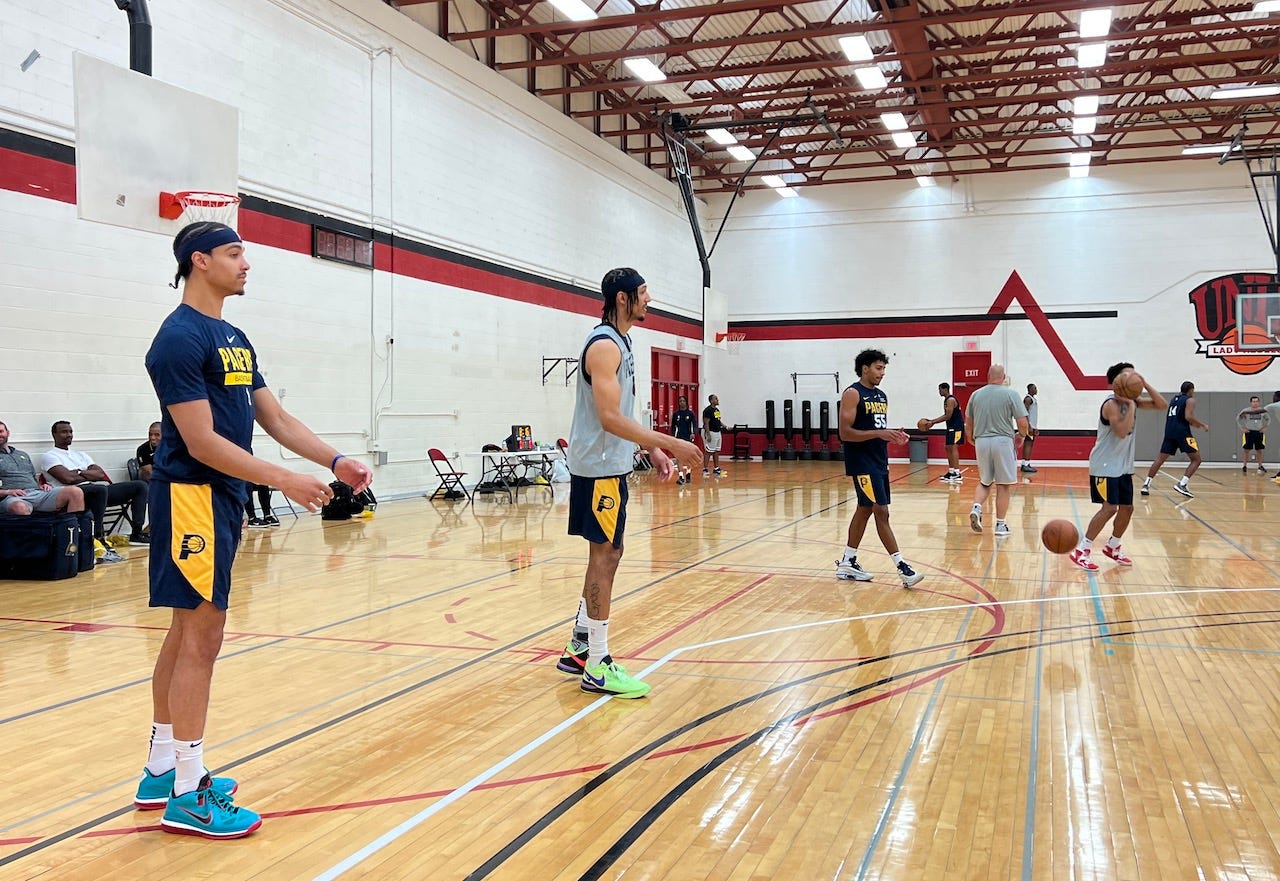 Without a game on Tuesday, the Summer Pacers held practice to get some work in and refresh the rookies on the offense. Without a game on Tuesday, the Summer Pacers held practice to get some work in and refresh the rookies on the offense.