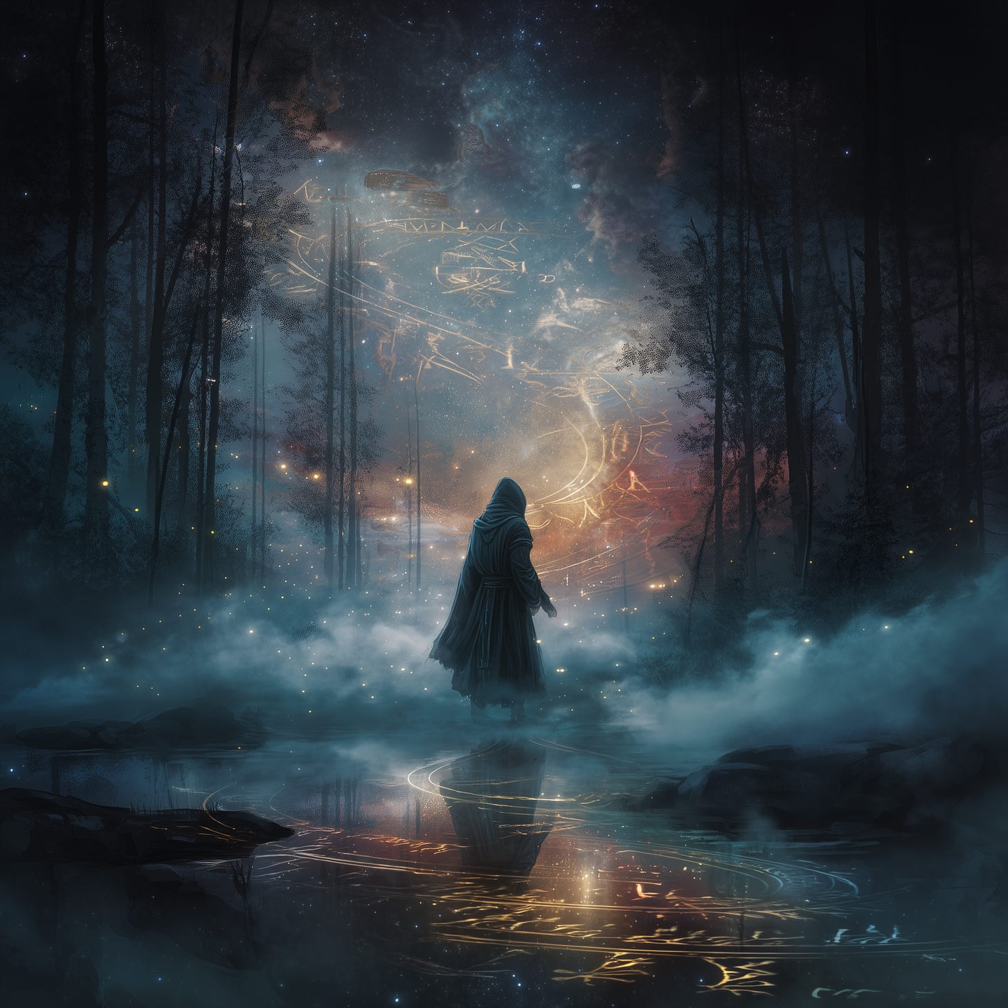 A hooded figure standing at the edge of a cosmic forest, stars reflecting in their eyes, ancient runes glowing faintly on the trees, mist curling around their feet, a sense of timelessness and wonder.