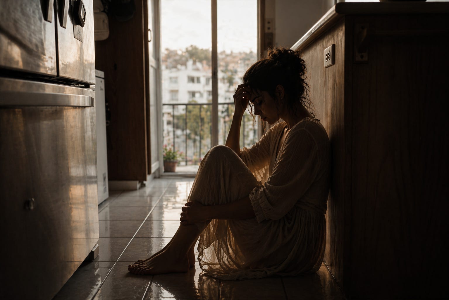 A woman sits quietly on the kitchen floor, lost in thought as soft daylight filters in from outside, where life continues as normal beyond the window.