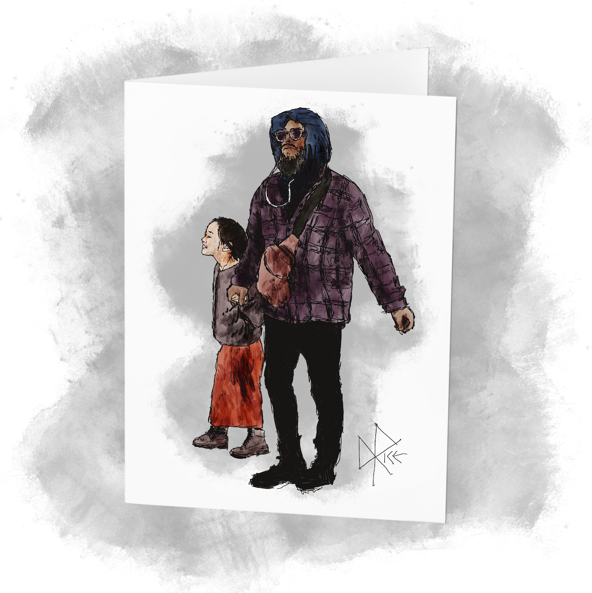 A young girl smiles broadly as she walks along with her father, the two of them holding hands. Sketch art by Don Rice. A young girl smiles broadly as she walks along with her father, the two of them holding hands. Sketch art by Don Rice.