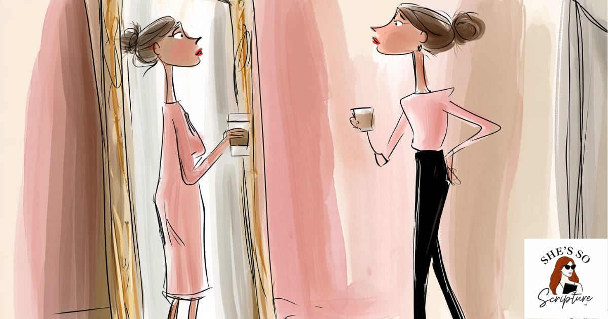 An illustrated woman standing before a mirror with a searching, complicated expression, holding a coffee cup in soft morning light, rendered in a whimsical fashion illustration style with blush pink and cream watercolor tones.