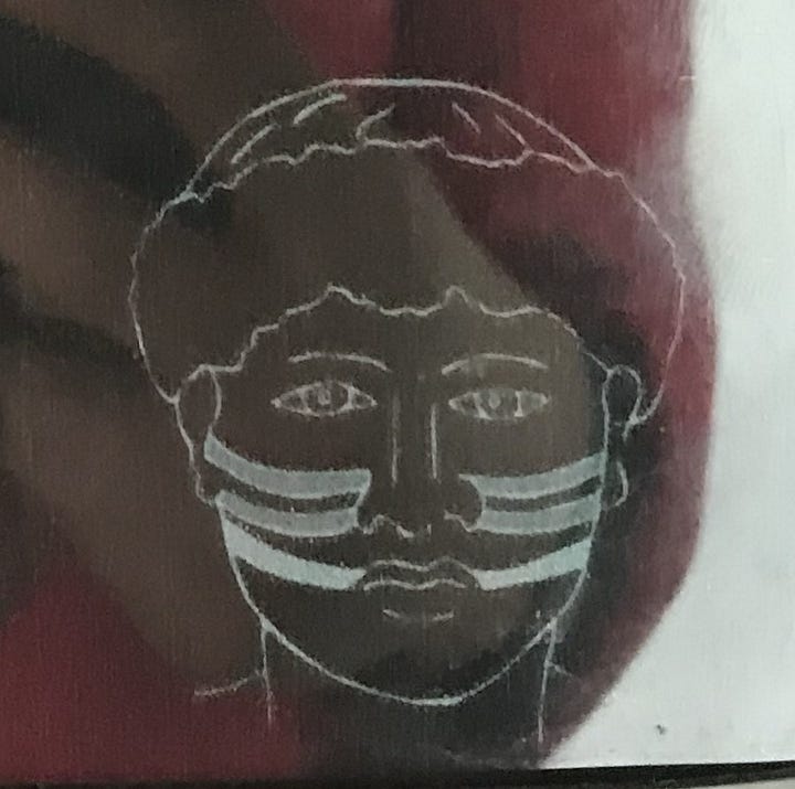 Pencil sketches show different patterns of vertical and horizontal lines in face paint.