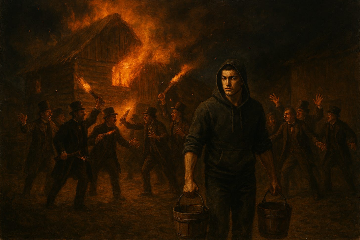 A young man in a modern hoodie with sleeves rolled up carries two buckets of water toward a burning granary at night, while 19th-century businessmen throw torches into the blaze and others panic and gesticulate uselessly, oil painting. A young man in a modern hoodie with sleeves rolled up carries two buckets of water toward a burning granary at night, while 19th-century businessmen throw torches into the blaze and others panic and gesticulate uselessly, oil painting.