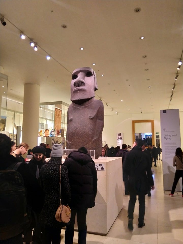 the stone statue in the British Museum from Rapa Nui on a plinth