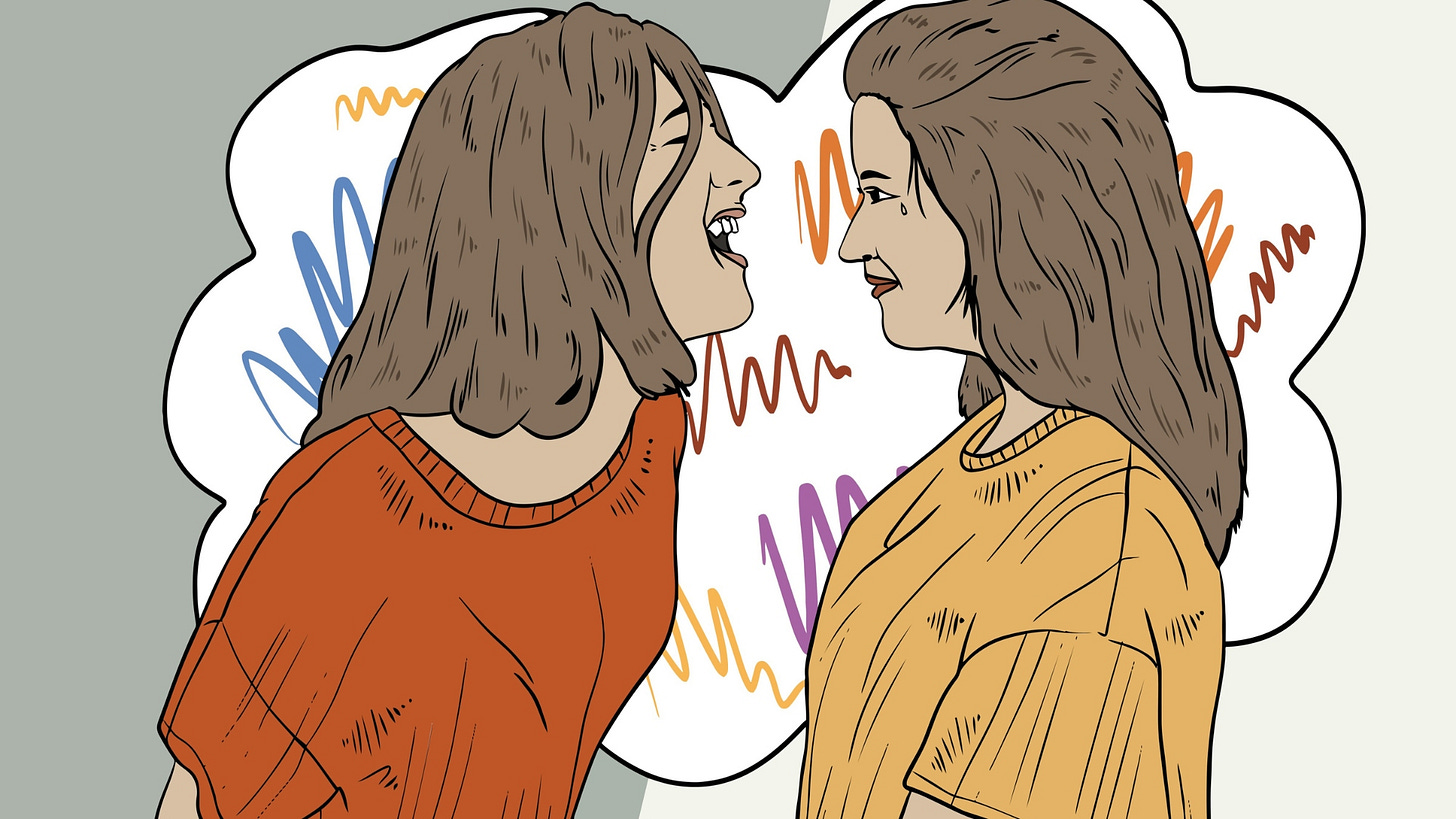 Illustration of two women facing each other. One woman, wearing an orange shirt, is yelling or speaking loudly with an intense expression, while the other woman, in a yellow shirt, looks slightly anxious with a small sweat drop on her face. Behind them, colorful sound wave scribbles emphasize the tension and emotion in their conversation.