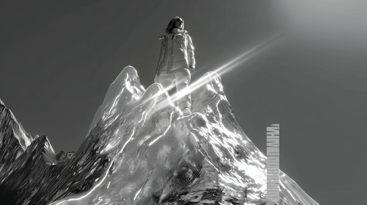 "A cinematic, high-contrast black and white image of a woman in futuristic, metallic winter gear standing at the peak of a crystalline, glowing mountain. A sharp, bright streak of light cuts diagonally across the mountain, symbolizing precision and energy. The sky is a gradient of deep gray, creating a sense of vastness and solitude."