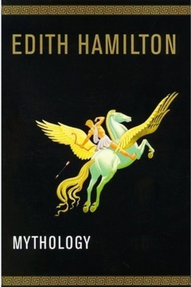 The cover of Edith Hamilton's 'Mythology' featuring an illustration of Persus shooting an arrow while perched on a flying Pegasus against a solid black background
