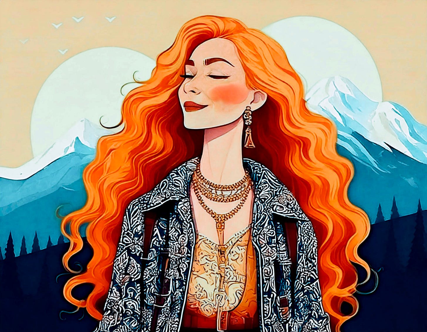 A colourful, stylised portrait of an older white woman with long, curly, copper-coloured hair. She is smiling and her eyes are closed, and she is wearing a navy and white ethnic patterned jacket with layered necklaces and bold earrings. In the background are hills, mountains and two moons in cool colours.