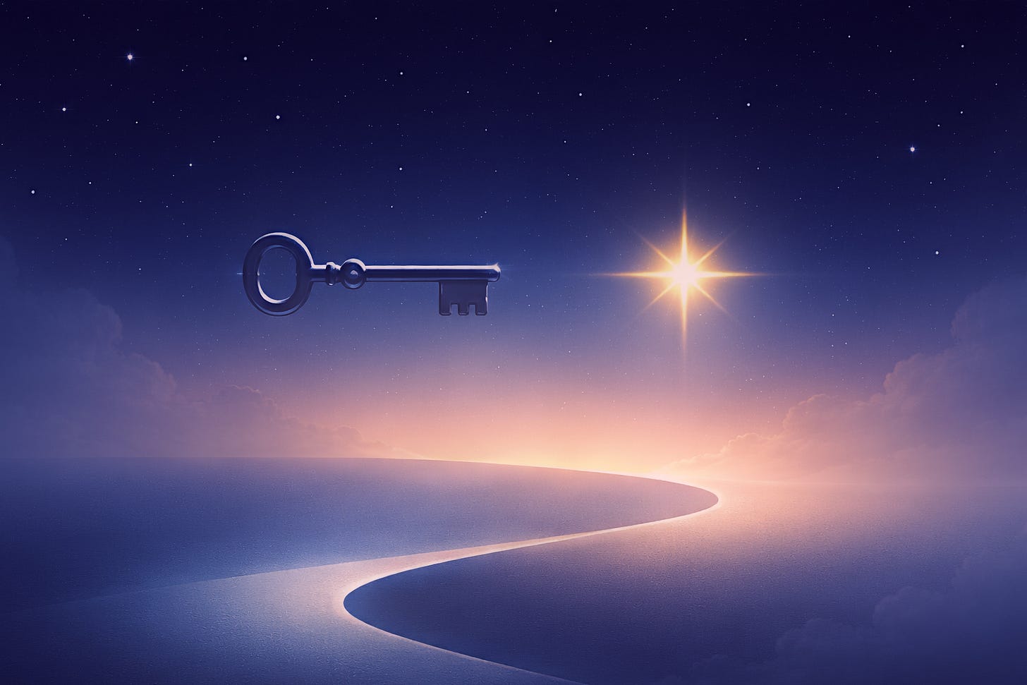 Ключ парит в ночном небе рядом с яркой звездой, над мягким изогнутым светящимся горизонтом, уходящим вдаль. Ключ парит в ночном небе рядом с яркой звездой, над мягким изогнутым светящимся горизонтом, уходящим вдаль.