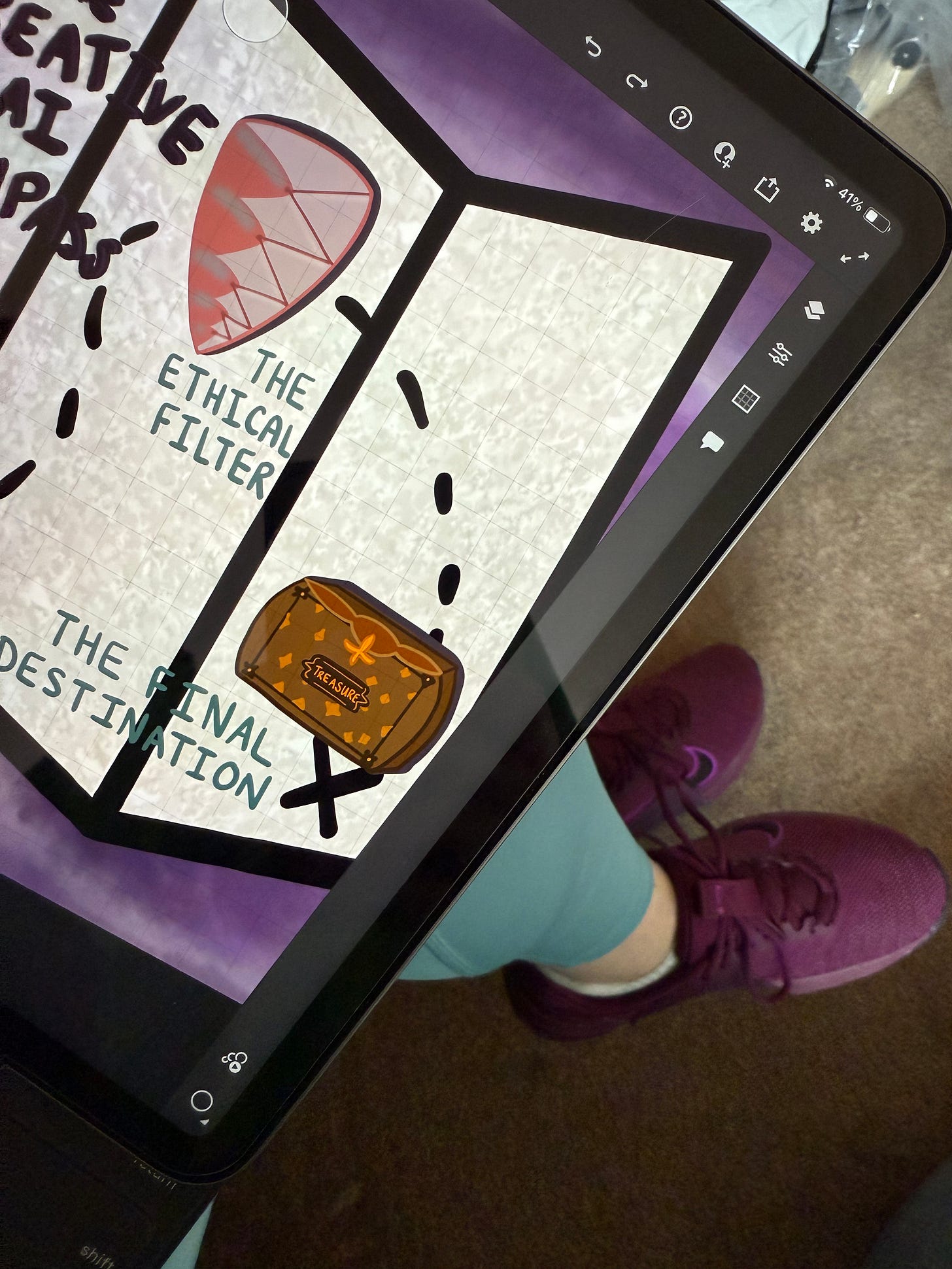 A top-down photo showing Georgina Dean's on-brand purple athletic shoes and an iPad Pro on her lap. On the screen is a work-in-progress digital illustration of the "Creative AI Compass" treasure map.