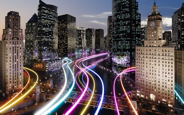 Smart city with glowing light trails