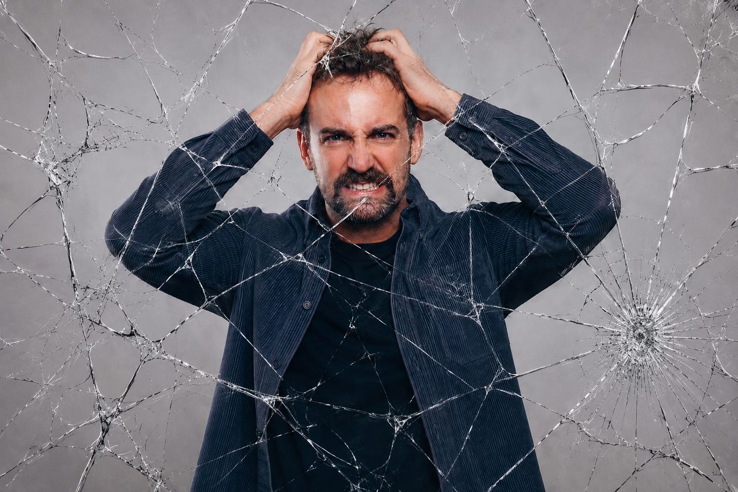 A man with an intense, angry expression seen through a shattered glass effect, symbolizing how anger reveals our true self beneath the surface. A man with an intense, angry expression seen through a shattered glass effect, symbolizing how anger reveals our true self beneath the surface.