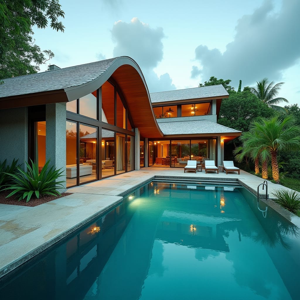 A sleek, modern Jamaican glass home with four luxurious swimming pools, set amidst lush tropical surroundings