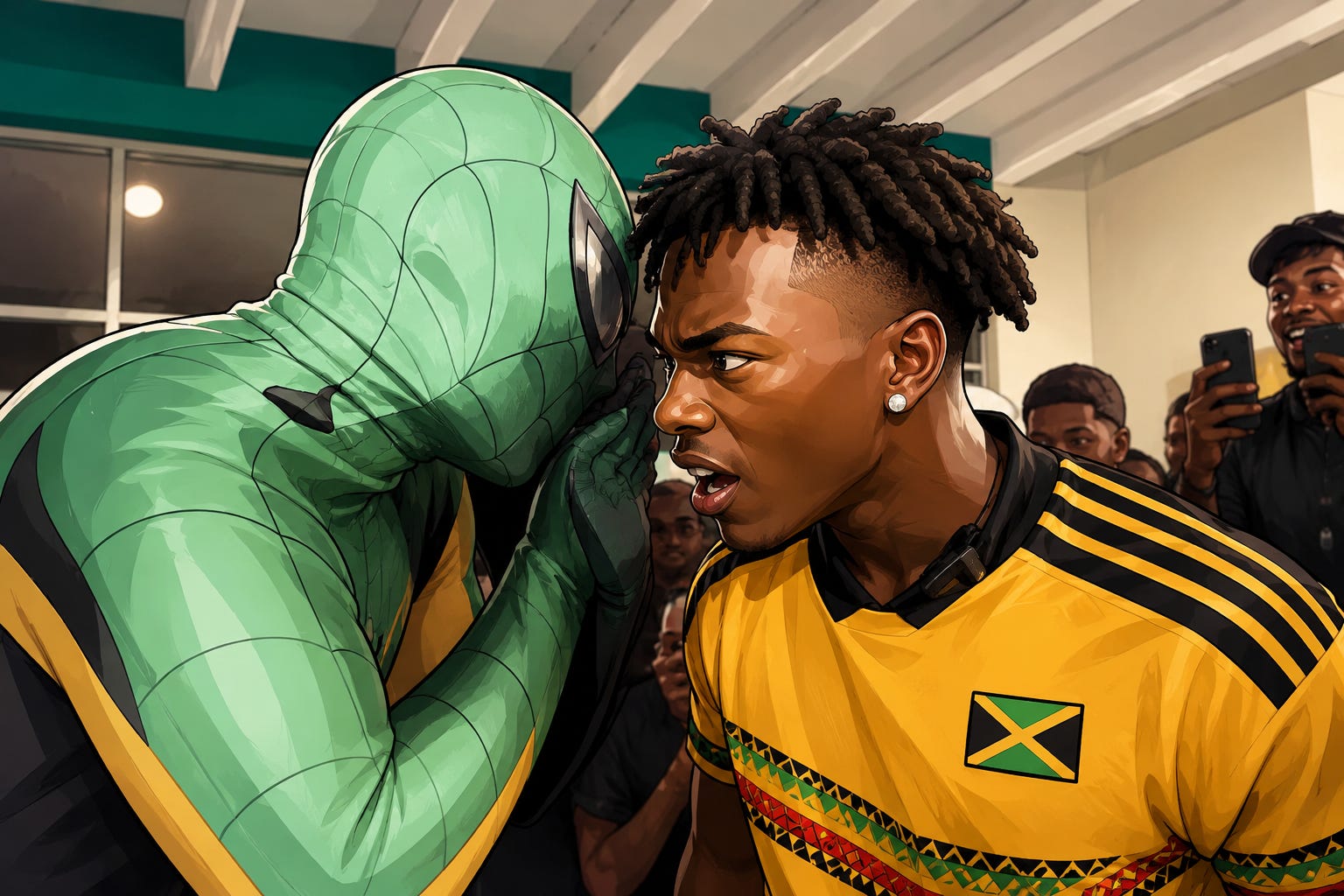 Illustration by Jamaica Homes A stylized digital illustration captures a memorable encounter between a Jamaican Spider-Man-inspired character and a popular online streamer during a lively public event in Jamaica. The scene is rendered in a vibrant cartoon style with bold outlines, rich colours, and enhanced lighting, highlighting the energy and excitement of the moment. Surrounded by an enthusiastic crowd recording the interaction on their phones, the two figures share an intense face-to-face exchange that reflects the passion, creativity, and cultural vibrancy that made the visit a talking point across the island. The artwork reimagines the scene with a polished, contemporary comic-book aesthetic while preserving the atmosphere of the original moment. Illustration by Jamaica Homes. Inspired by a public event and artistically reinterpreted for editorial purposes. Illustration by Jamaica Homes A stylized digital illustration captures a memorable encounter between a Jamaican Spider-Man-inspired character and a popular online streamer during a lively public event in Jamaica. The scene is rendered in a vibrant cartoon style with bold outlines, rich colours, and enhanced lighting, highlighting the energy and excitement of the moment. Surrounded by an enthusiastic crowd recording the interaction on their phones, the two figures share an intense face-to-face exchange that reflects the passion, creativity, and cultural vibrancy that made the visit a talking point across the island. The artwork reimagines the scene with a polished, contemporary comic-book aesthetic while preserving the atmosphere of the original moment. Illustration by Jamaica Homes. Inspired by a public event and artistically reinterpreted for editorial purposes.