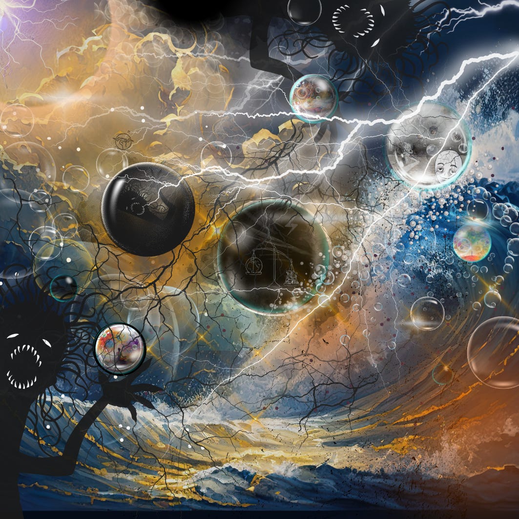 A surreal cosmic landscape showing shadowy figures and chaotic lightning threading through distorted black orbs and fragile bubbles, symbolising the fragmentation of perception and the emergence of hierarchy and conflict as pillars of trauma-based living.