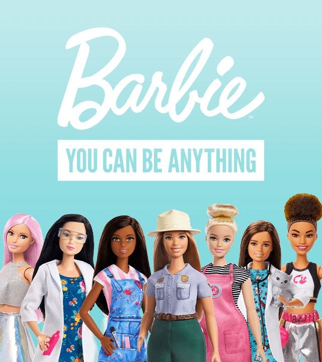 This may contain: barbie dolls standing in front of a blue background with the words barbie you can be anything This may contain: barbie dolls standing in front of a blue background with the words barbie you can be anything