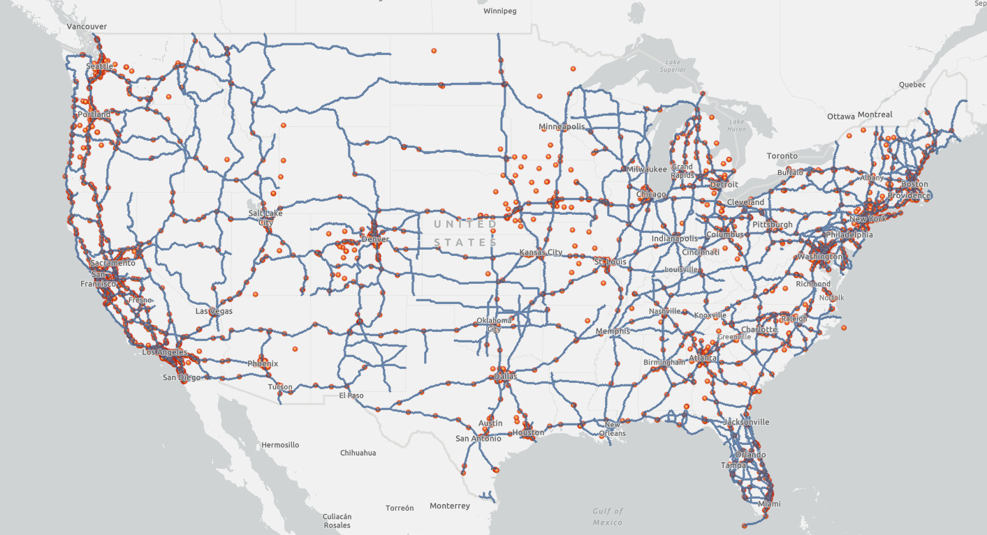 Map of publically available station data and FHWA Alternative Fuel Corridors
