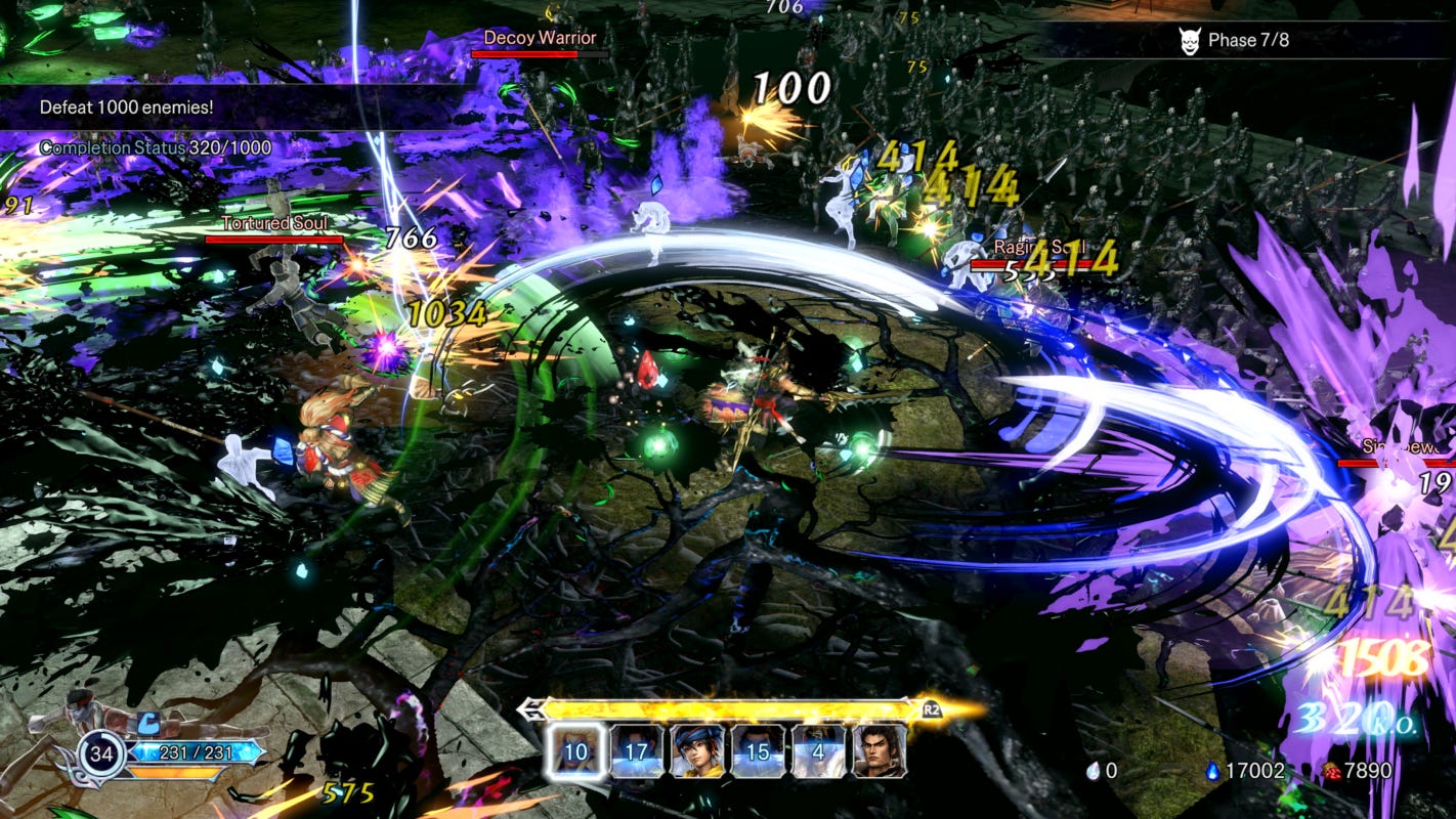 A shot of combat from Warriors: Absyss, depicting several characters fighting waves of enemies. A shot of combat from Warriors: Absyss, depicting several characters fighting waves of enemies.