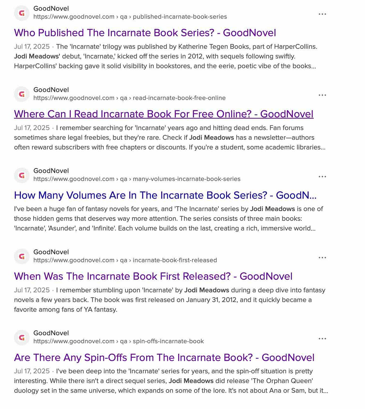 Search results: lots of questions about my book INCARNATE on a site called "GoodNovel." 