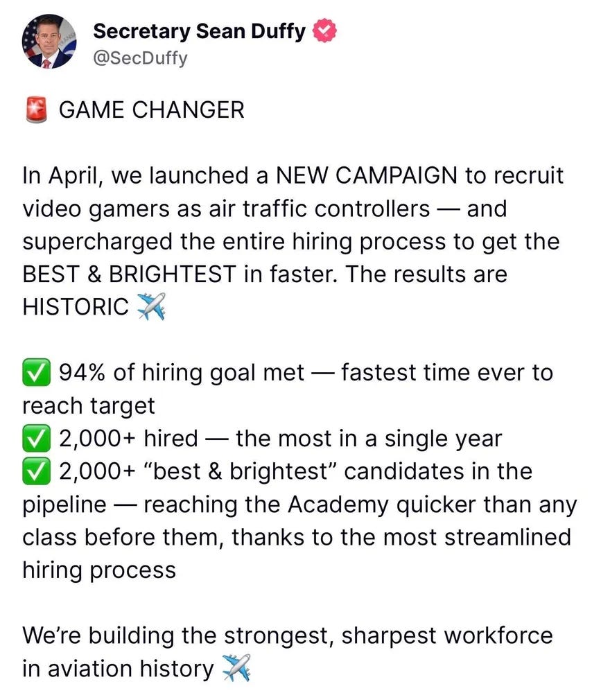 Secretary Sean Duffy @SecDuffy GAME CHANGER In April, we launched a NEW CAMPAIGN to recruit video gamers as air traffic controllers and supercharged the entire hiring process to get the BEST & BRIGHTEST in faster. The results are HISTORIC 94% of hiring goal met — fastest time ever to reach target 2,000+ hired the most in a single year 2,000+ "best & brightest" candidates in the pipeline — reaching the Academy quicker than any class before them, thanks to the most streamlined hiring process We're building the strongest, sharpest workforce in aviation history Secretary Sean Duffy @SecDuffy GAME CHANGER In April, we launched a NEW CAMPAIGN to recruit video gamers as air traffic controllers and supercharged the entire hiring process to get the BEST & BRIGHTEST in faster. The results are HISTORIC 94% of hiring goal met — fastest time ever to reach target 2,000+ hired the most in a single year 2,000+ "best & brightest" candidates in the pipeline — reaching the Academy quicker than any class before them, thanks to the most streamlined hiring process We're building the strongest, sharpest workforce in aviation history