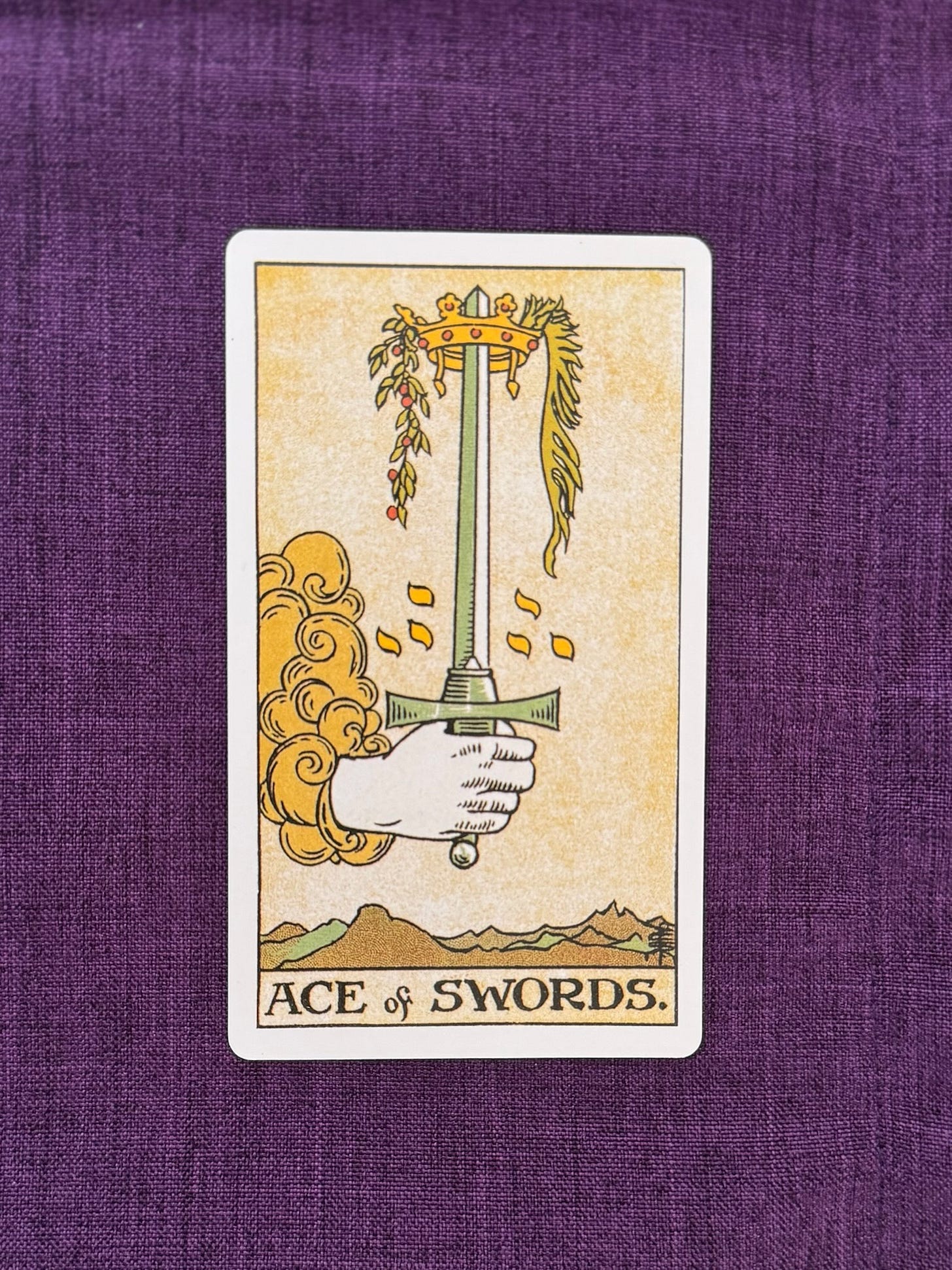 The Ace of Swords shows a gleaming hand appearing from a white cloud holding an upright sword. At the tip of the sword sits a crown draped with a wreath. There’s a jagged mountains in the background.