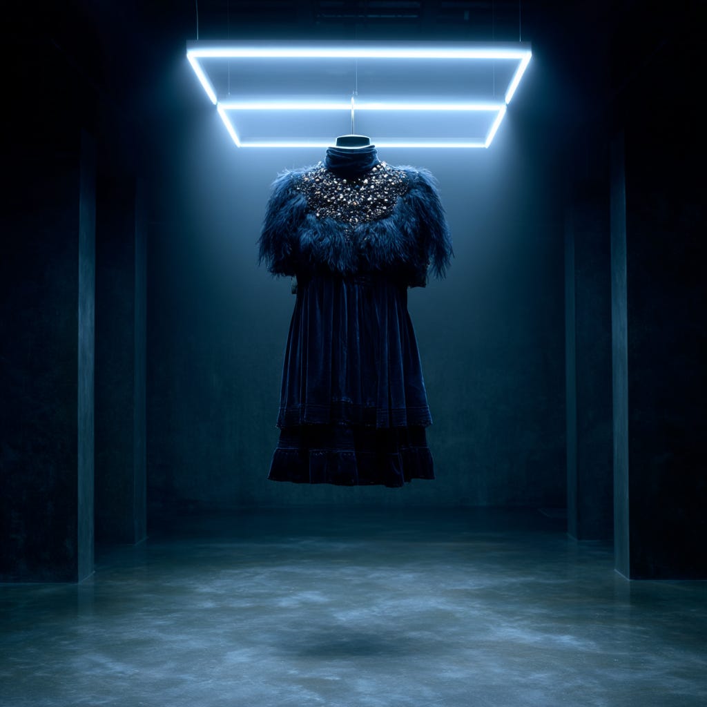 MJ Prompt for the Blue Room: midnight-blue room lit like, breath, in the center a short velvet dress floating, as if gravity is optional, plush fur collar, rhinestones, minimal, folk, techno precision as a design principle, clean, geometry