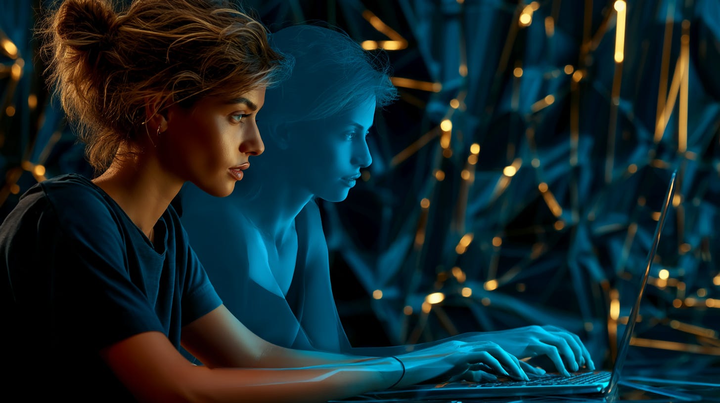 A developer hunched over a glowing monitor in a dark room, fingers on keyboard, with a translucent ghostlike second figure leaning in beside them