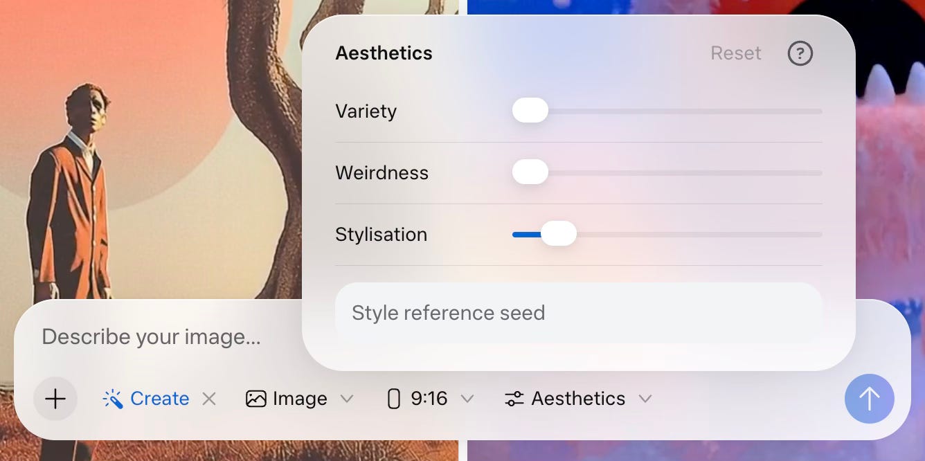 A UI with a floating panel with the title “Aesthetics” and sliders for Variety, Weirdness, and Stylisation