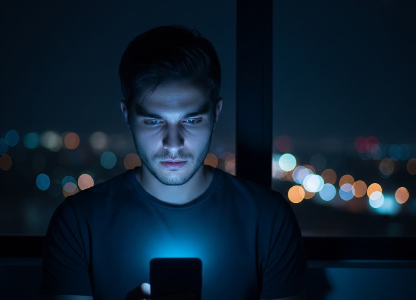 A night-time portrait of a single gay man in a dark room using his mobile phone.