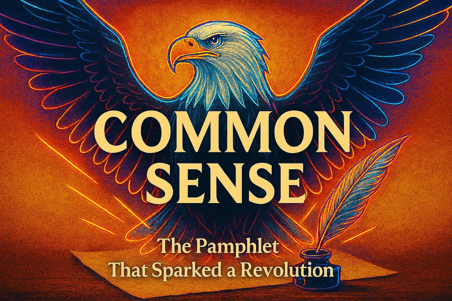 A parchment-textured digital banner features the engraved title “COMMON SENSE” and subtitle “The Pamphlet That Sparked a Revolution” in bold serif lettering. A faint liberty symbol and an inkwell with quill rest below the text, evoking the era of the American Revolution with museum-quality clarity and balance.