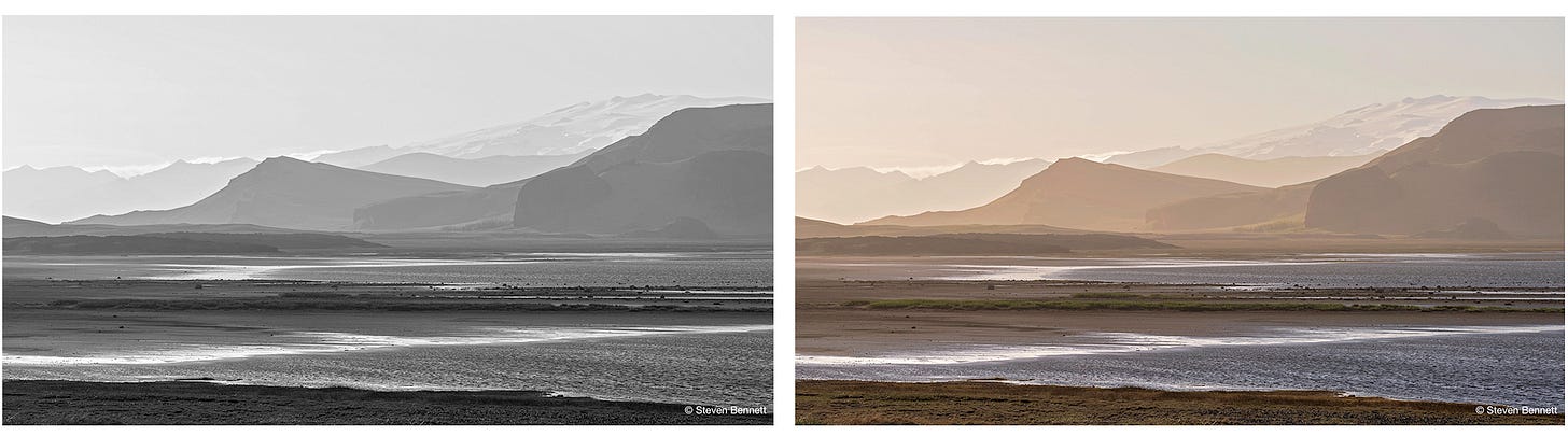 "Side-by-side black-and-white and color versions of layered mountain silhouettes fading into haze above a tidal flat near Dyrhólaey, Iceland." "Side-by-side black-and-white and color versions of layered mountain silhouettes fading into haze above a tidal flat near Dyrhólaey, Iceland."