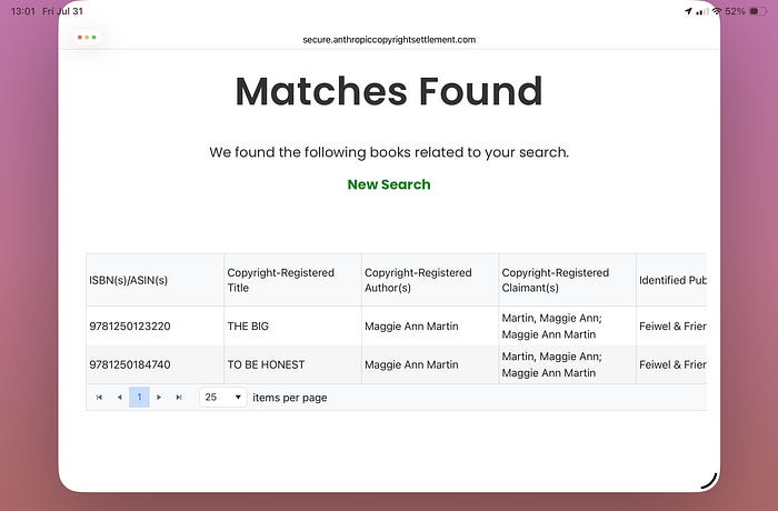 Settlement website results table showing two books by Maggie Ann Martin returned for a search of Maggie Ann Mae.” Settlement website results table showing two books by Maggie Ann Martin returned for a search of Maggie Ann Mae.”