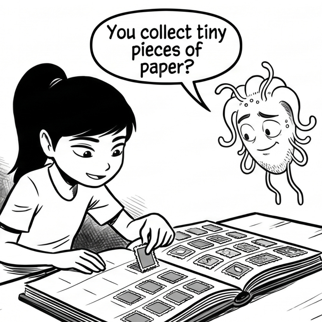 Zara peacefully organizes stamps in her collection while Omie watches curiously.