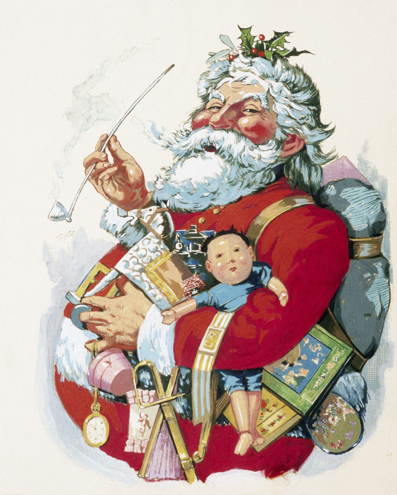 A plump, white-bearded Santa in a red suit smokes a long pipe, holly in his hair, his arms full of toys: a doll, a sword, a pocket watch hanging at his belt.