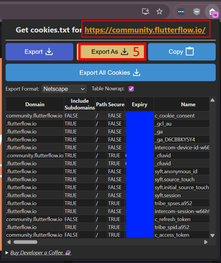 Screenshot of the Get cookies.txt extension popup displaying cookies for "https://community.flutterflow.io/." The URL is highlighted with an orange outline, and red annotation 5 marks the "Export As" button, which allows the user to choose where to save the file. A table below lists multiple cookies from the community.flutterflow.io and .flutterflow.io domains with their properties. Cookie expiry values are redacted with blue boxes for privacy.