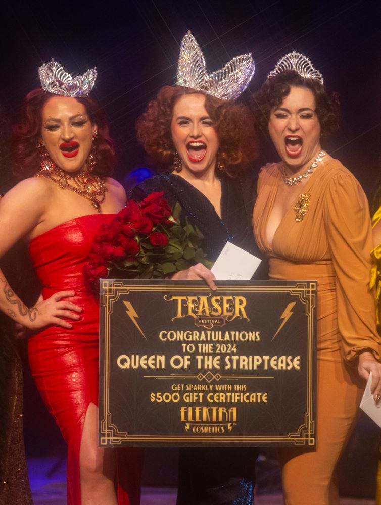 Queen of the Striptease winner Pearls Daily with Runners Up Goldi Fox and Margo Mayhem at Teaser Fest, by Chase Stevens Queen of the Striptease winner Pearls Daily with Runners Up Goldi Fox and Margo Mayhem at Teaser Fest, by Chase Stevens