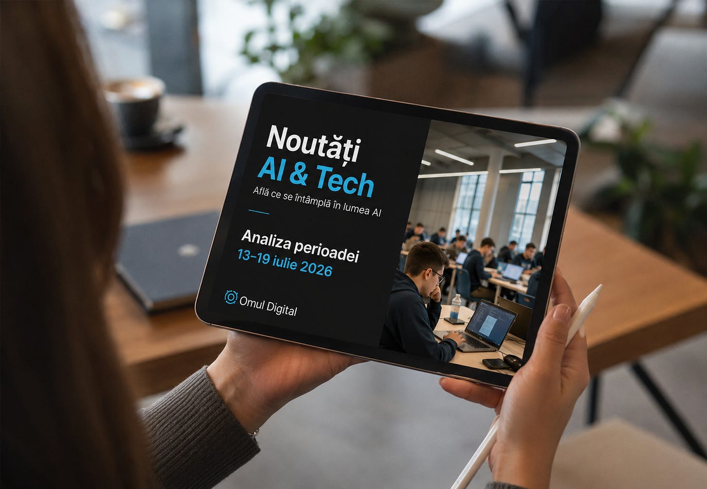 Tabletă cu coperta Omul Digital pentru ediția Noutăți AI & Tech 13–19 iulie 2026, cu accent pe Olimpiada de Inteligență Artificială de la Cluj. Tabletă cu coperta Omul Digital pentru ediția Noutăți AI & Tech 13–19 iulie 2026, cu accent pe Olimpiada de Inteligență Artificială de la Cluj.