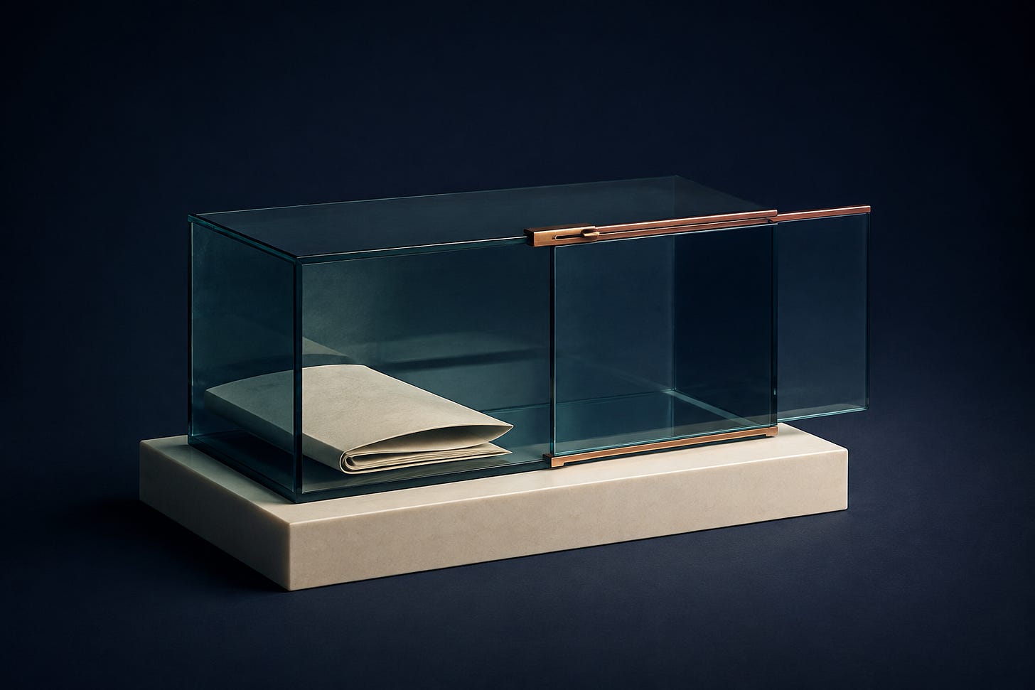 A translucent teal enclosure with a partly open panel holds a folded document beside a copper track. A translucent teal enclosure with a partly open panel holds a folded document beside a copper track.
