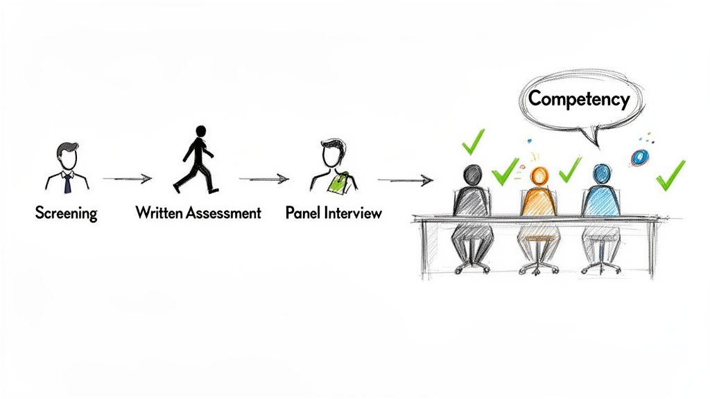 Visual diagram illustrating a multi-stage job application process from screening to competency assessment.