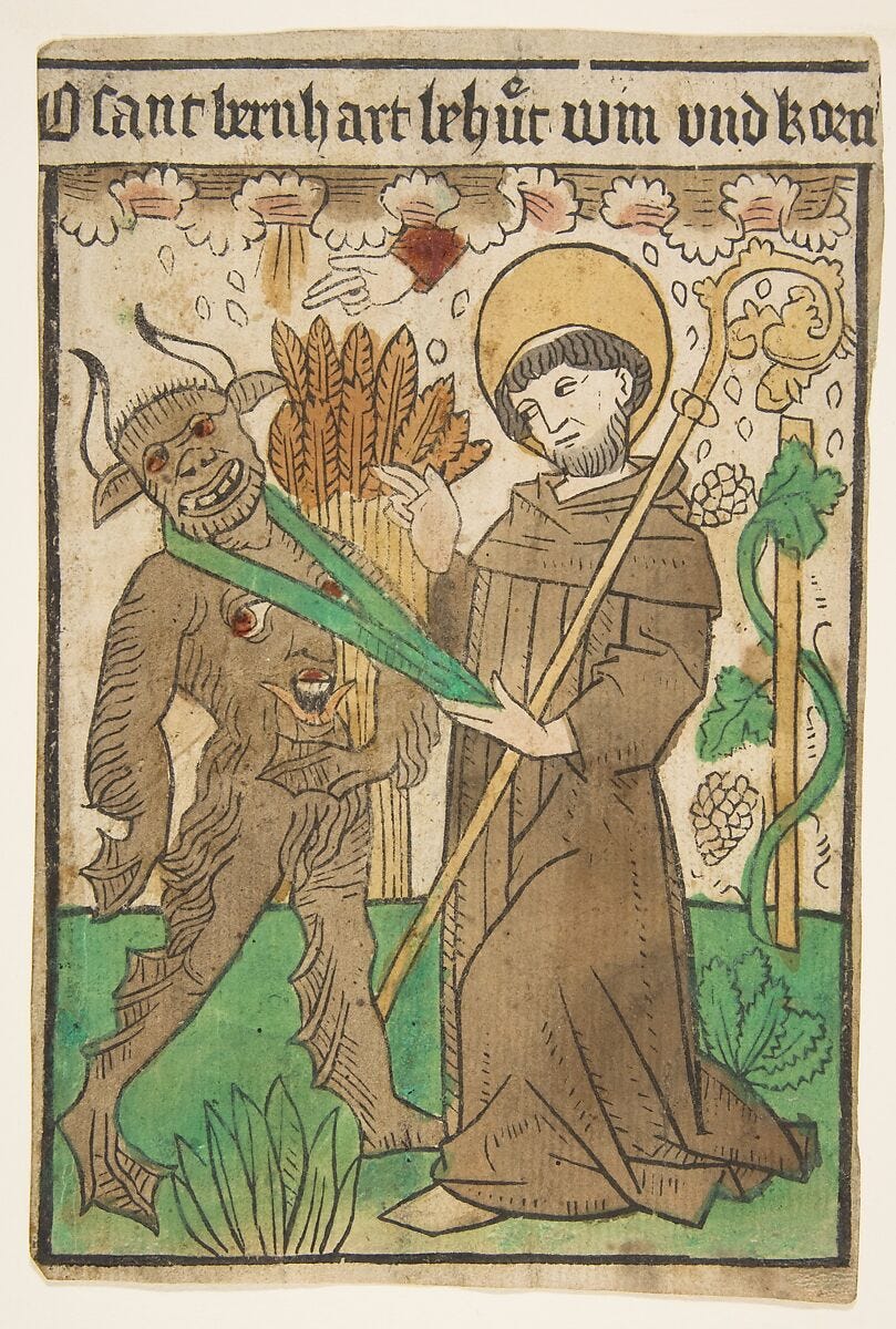 Saint Bernard Vanquishing the Devil, Anonymous, German, Upper Rhine, 15th century, Hand-colored woodcut Saint Bernard Vanquishing the Devil, Anonymous, German, Upper Rhine, 15th century, Hand-colored woodcut