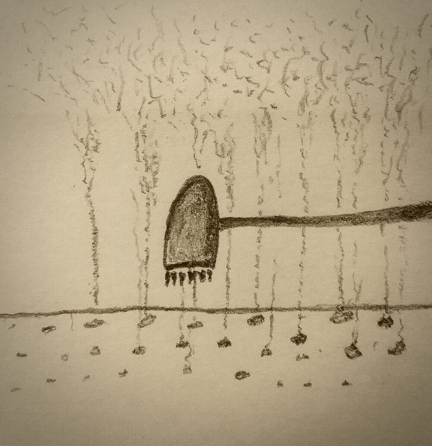 Rough sketch of a plum blossom needle, a small bullet-shaped hammer with tiny needles projecting from the bottom, suspended over a porous surface. Trails of vapor rise from each of the pores, gathering in a cloud above.