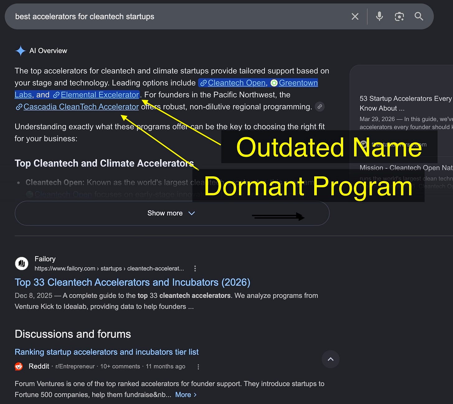 Screenshot of Google search results highlighting incorrect and outdated information. 