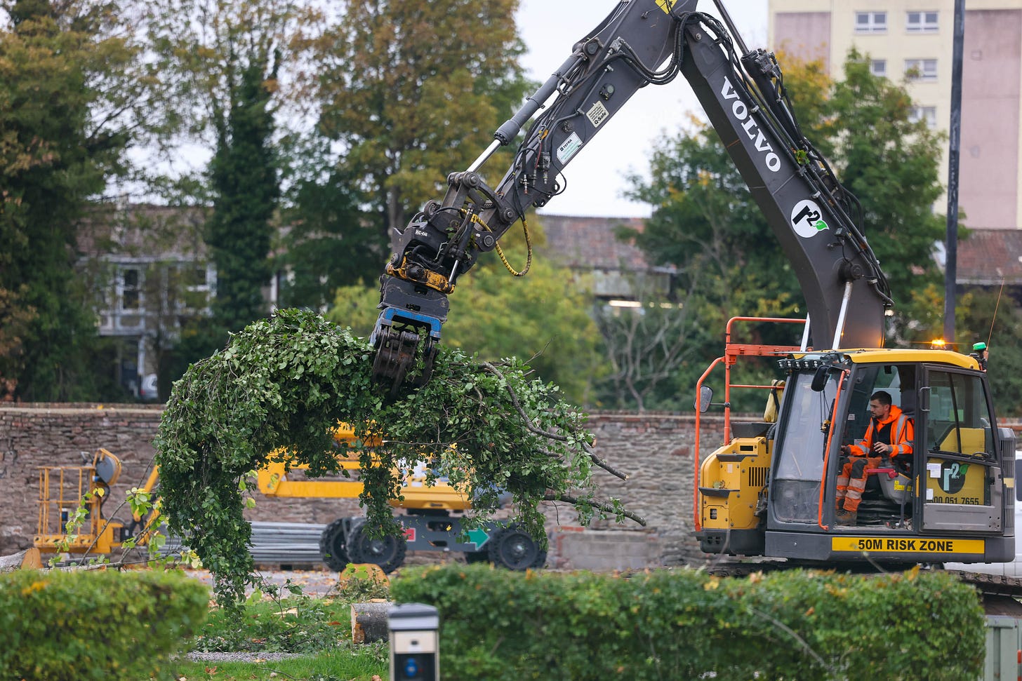 Workers digging up trees on Baltic Wharf