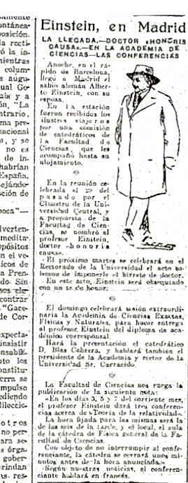 Spanish language newspaper from 1923 covering Einstein's arrival in Madrid. Spanish language newspaper from 1923 covering Einstein's arrival in Madrid.
