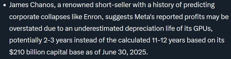 James Chanos, a renowned short-seller with a history of predicting corporate collapses like Enron, suggests Meta's reported profits may be overstated due to an underestimated depreciation life of its GPUs, potentially 2-3 years instead of the calculated 11-12 years based on its $210 billion capital base as of June 30, 2025.
