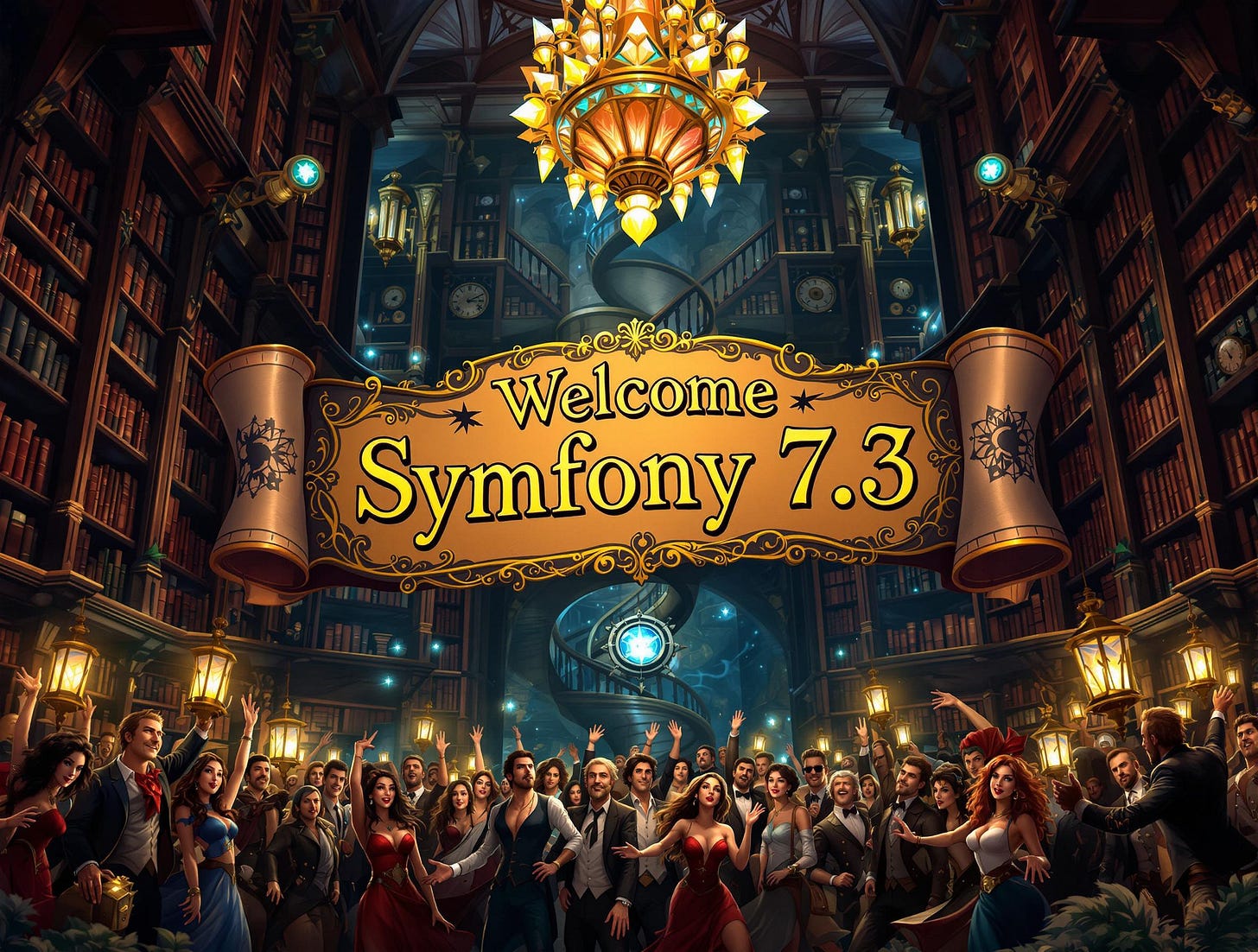 ambiance steampunk, une biliothèque avec une banderole "Welcome Symfony 7.3" et une foule en liesse en dessous