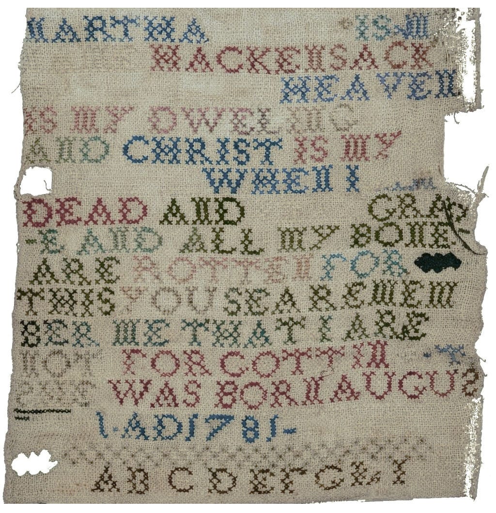 Sampler by Martha Earl, age 6, c 1787. National Archives: Revolutionary War Pension Application File W. 849, Morris Earl. This image has been colorized.