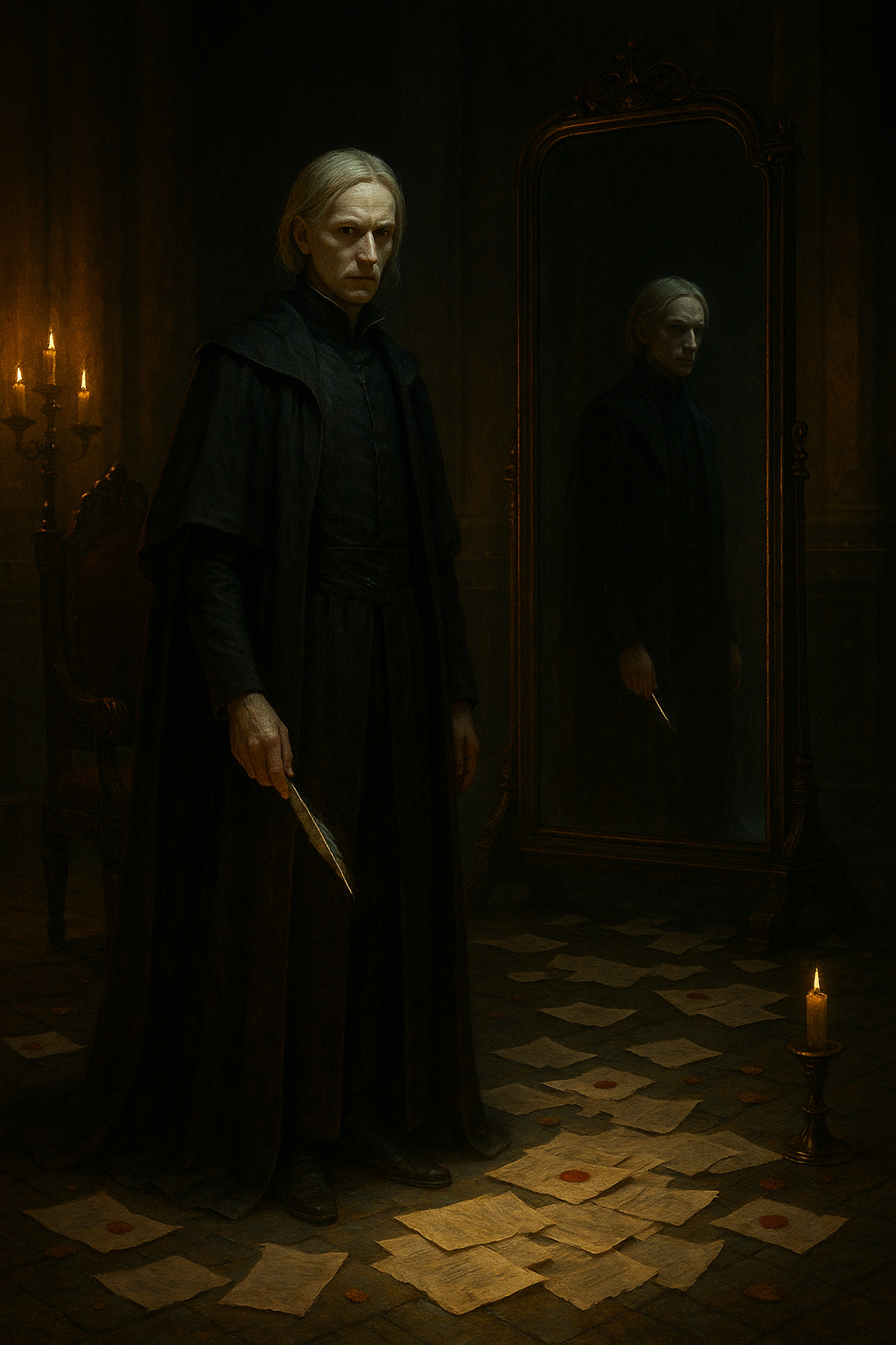 A pale steward stands before a dim throne and a tall mirror that reflects only him. His quill glows faintly as papers scatter like fallen leaves.